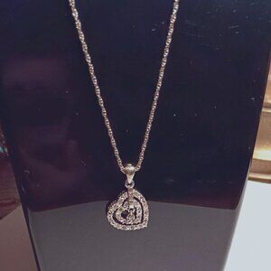 Avon Silver Tone Faux Diamond 2 Heart Dangling Pendant Necklace